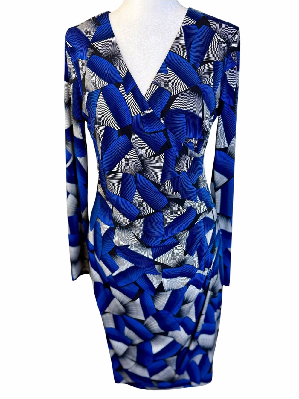 Blue Geometric Wrap-Style Long Sleeve Dress